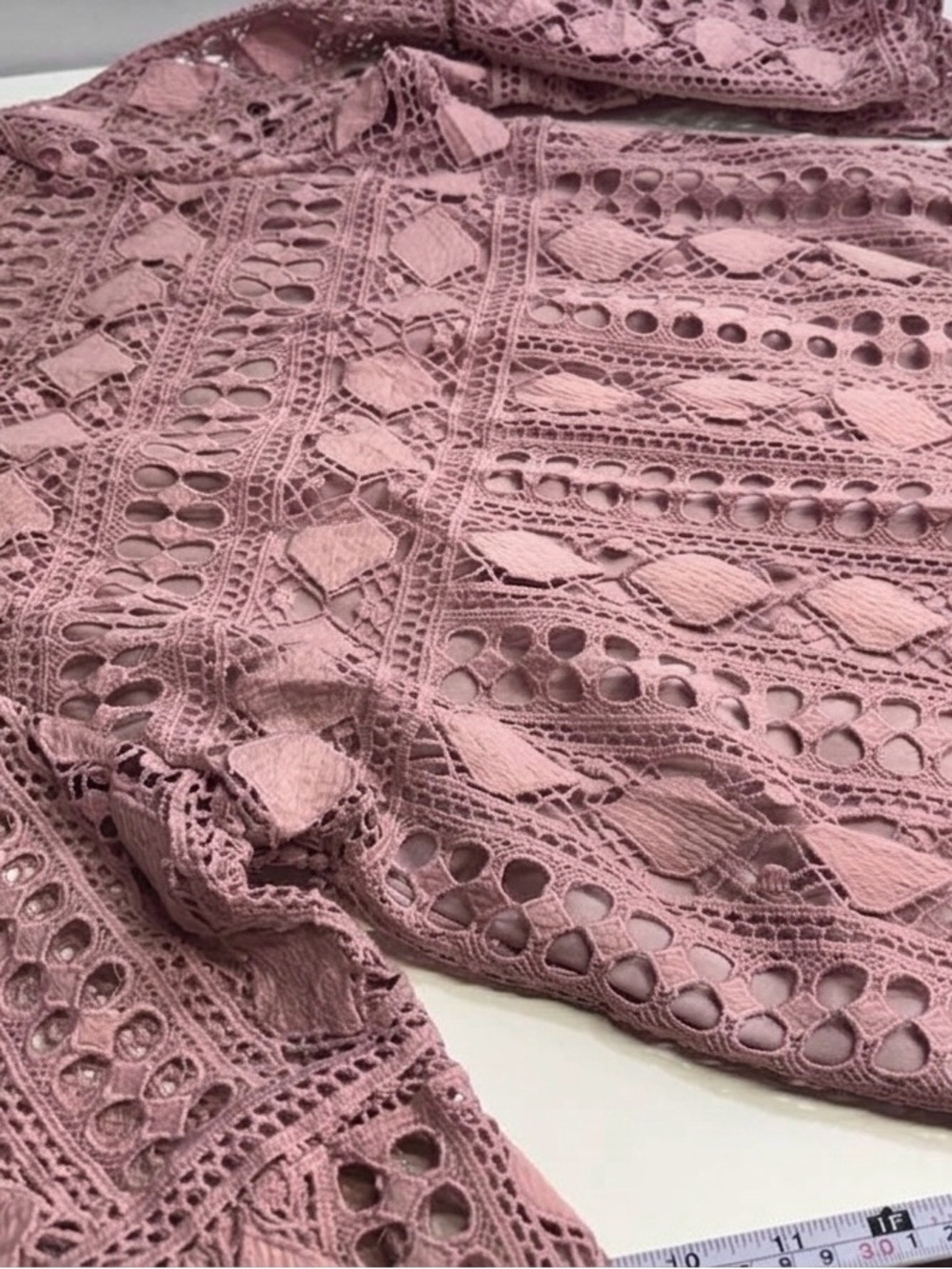 ALLISON Dusty Rose Geometric Crochet Lace Bell-Sleeve Blouse Top - Picture 6 of 6